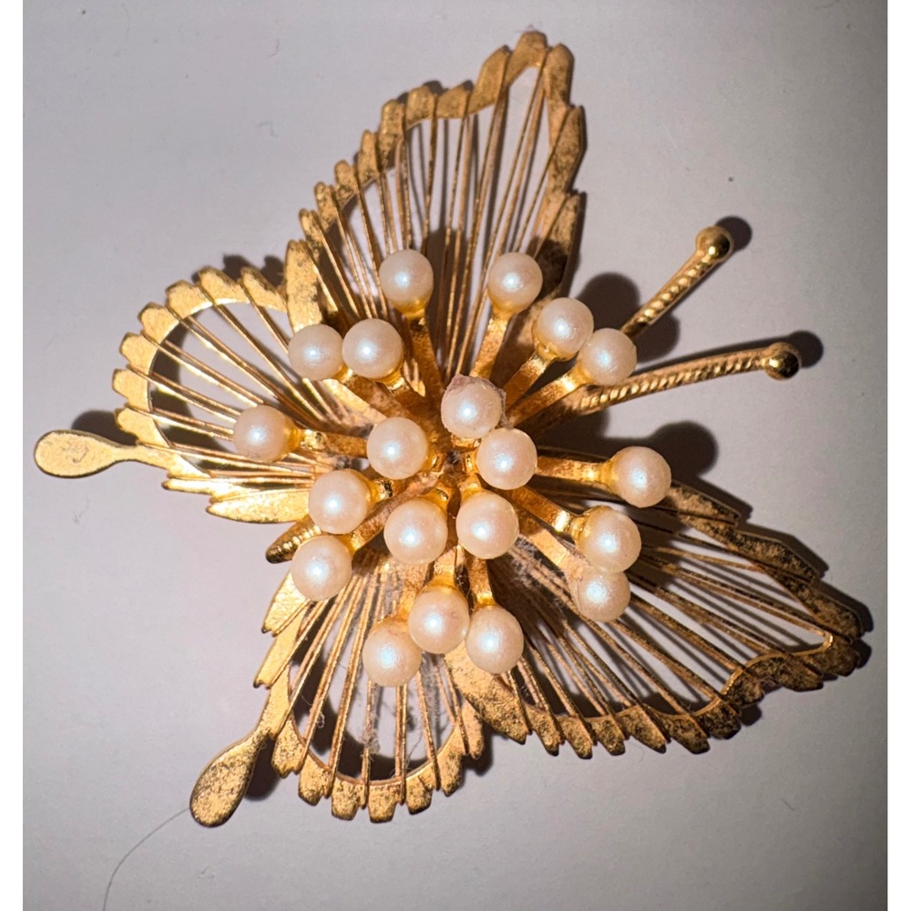 Vintage Gold Tone Butterfly Brooch Faux Pearl Accent Vintage Elegant Accent